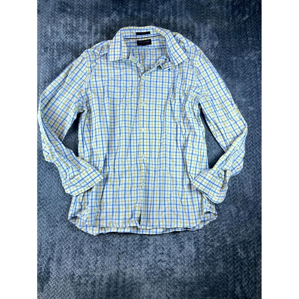 Banana Republic Mens XL White Blue Yellow Plaid Stretch Slim Fit Dress Shirt